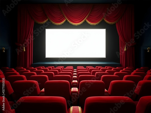 A classic cinema hall interior, featuring plush red seating arranged in neat rows facing a bright white screen framed by opulent red curtains, inviting cinematic experience photo