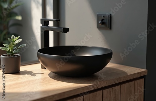 Modern bathroom interior with black vessel sink faucet on wooden countertop. Stylish washbasin, elegant design, contemporary home decor. Round ceramic bowl, wood texture. Room renovation, nobody.