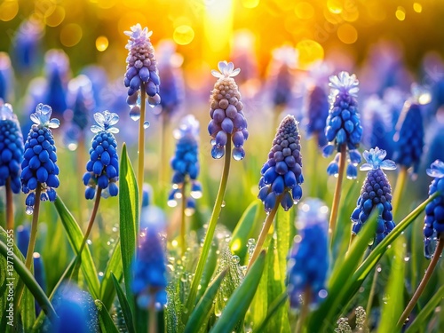 Spring Blue Muscari Flowers Dew Drops Green Meadow Drone Aerial View