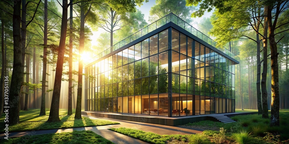 Fototapeta premium Stunning 3D Render: Lush Green Forest Enveloping Modern Glass Architecture