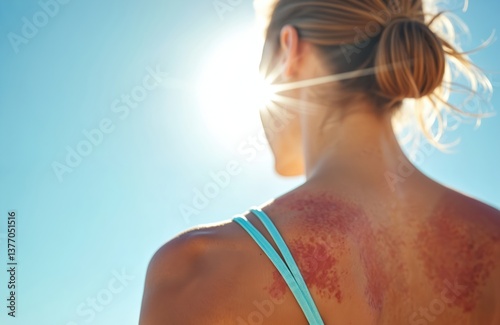 Close up view of sunburned woman back skin against bright sun and blue sky. Red, damaged skin from sun exposure. Summer vacation beach health care problem.