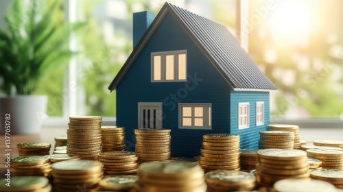 Blue model house on a large pile of shining gold coins symbolizing the high costs and financial aspects of homeownership and real estate investment choices