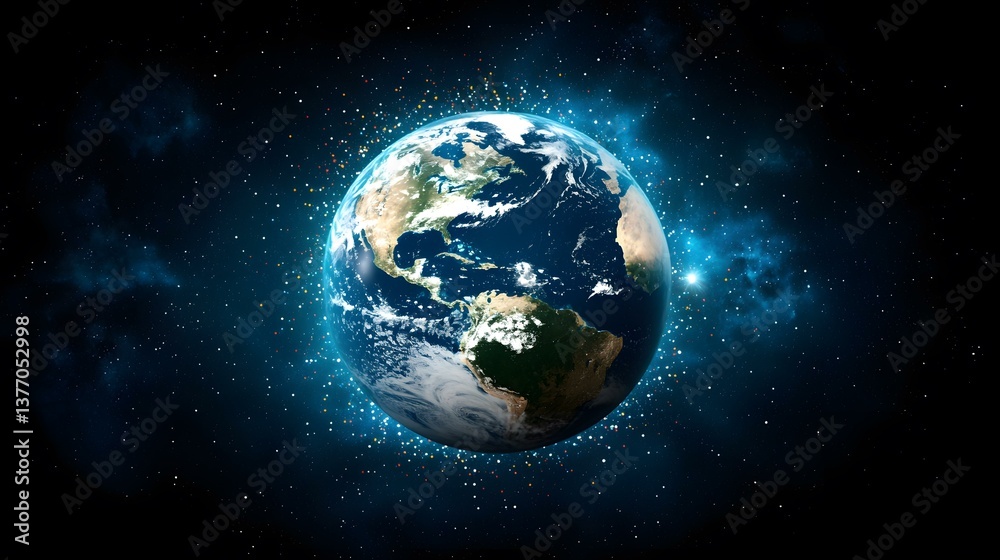 The image shows a detailed view of planet Earth from space, surrounded by a field of stars and nebulae. A vibrant, glowing halo encircles the planet, adding a celestial ambiance. The image shows a detailed view of planet Earth from space, surrounded by a field of stars and nebulae. A vibrant, glowing halo encircles the planet, adding a celestial ambiance.