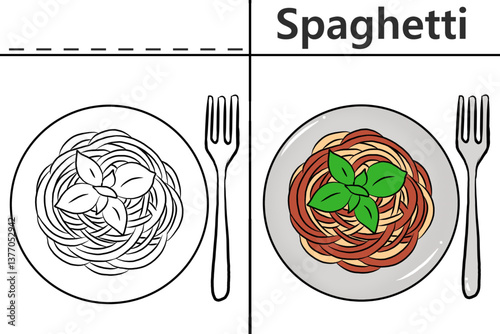 Spaghetti coloring pages for kids and learn to recognize letters, food recognition cards, media for various games in early childhood learning