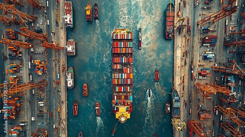 Aerial view of a large cargo ship full of containers in a busy commercial port