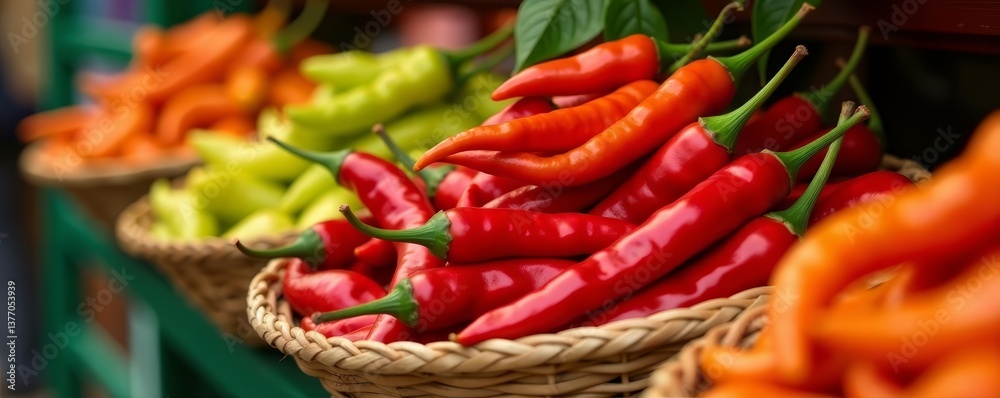 Close up of colorful chili peppers in traditional woven baskets at Indonesian market, Indonesian, fresh, market Close up of colorful chili peppers in traditional woven baskets at Indonesian market, Indonesian, fresh, market