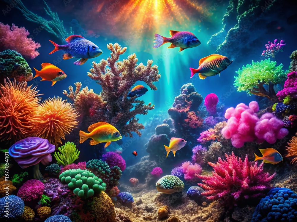 Naklejka premium Surreal Aquarium Fish Gallery: Vibrant Underwater Dreamscape