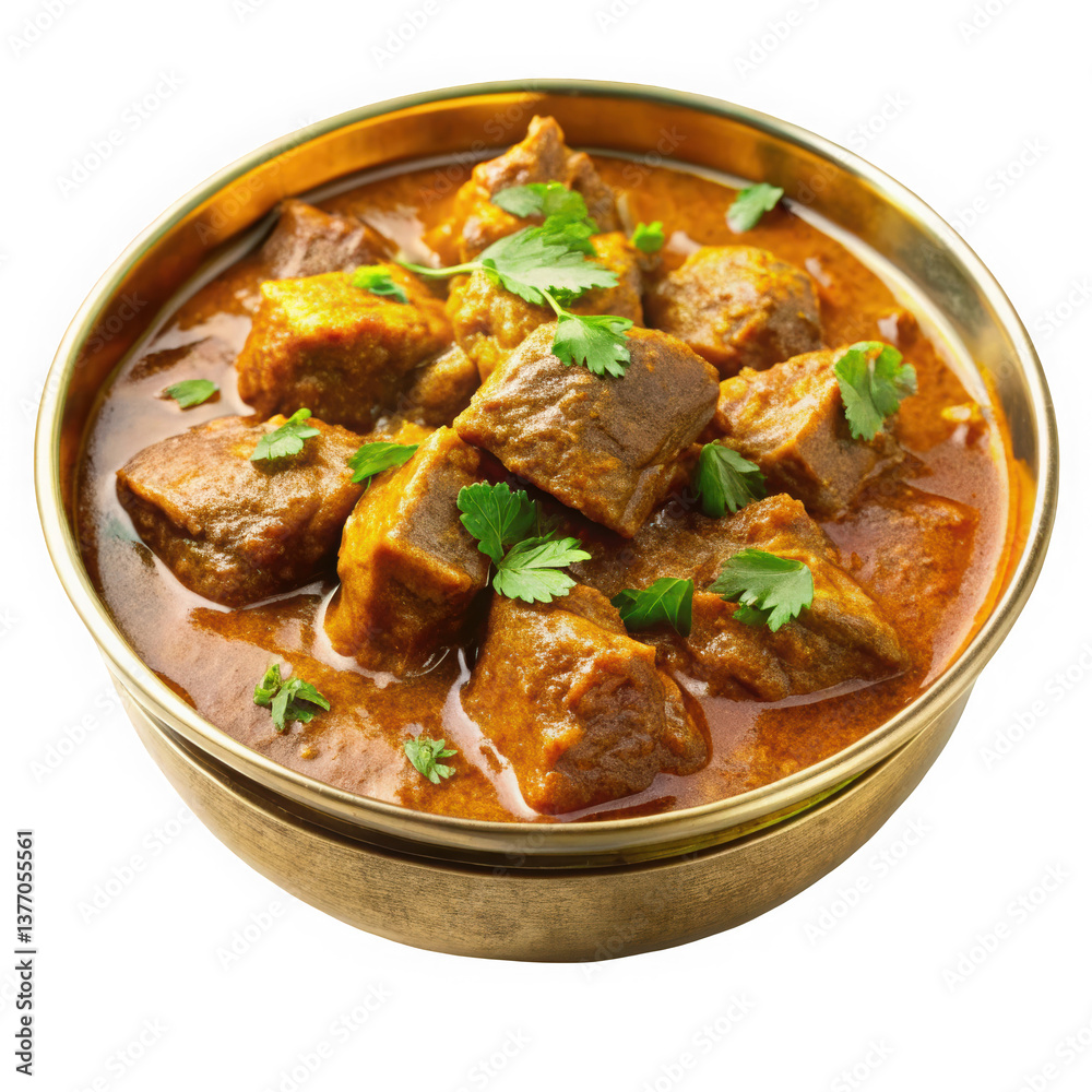 A delicious bowl of tender beef curry garnished with fresh cilantro, showcasing rich colors and a hearty appearance. A delicious bowl of tender beef curry garnished with fresh cilantro, showcasing rich colors and a hearty appearance.