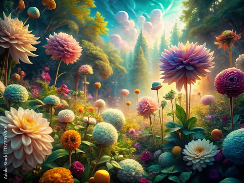 Surreal Dreamlike Flower Garden, Magical Bloom, Whimsical Floral Fantasy