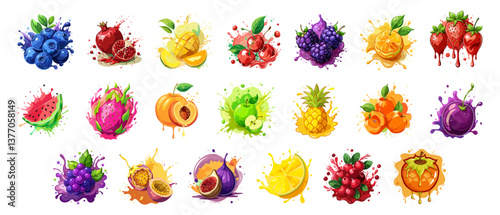 A set of colorful fruit illustrations with paint splatter effects, creating a dynamic and fresh aesthetic. Ideal for packaging, kitchen decor, summer designs, and healthy lifestyle branding.