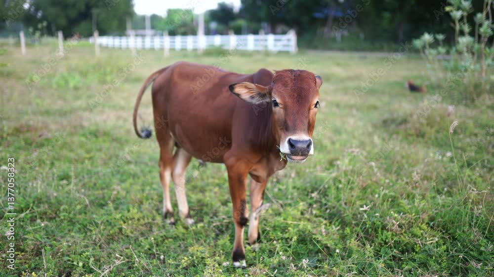 Brown Cow Grazing in a Peaceful Green Field Under Natural Sunlight Brown Cow Grazing in a Peaceful Green Field Under Natural Sunlight