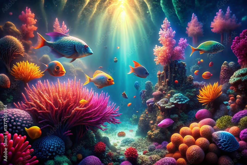 Obraz premium Surreal Underwater Seascape: Vibrant Coral Reef with Bioluminescent Creatures