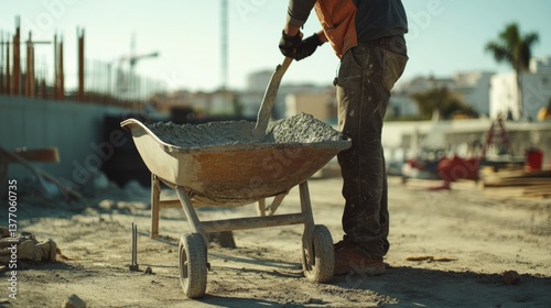 A construction worker mixing cement at a job site. Featuring craftsmanship and efficiency photo