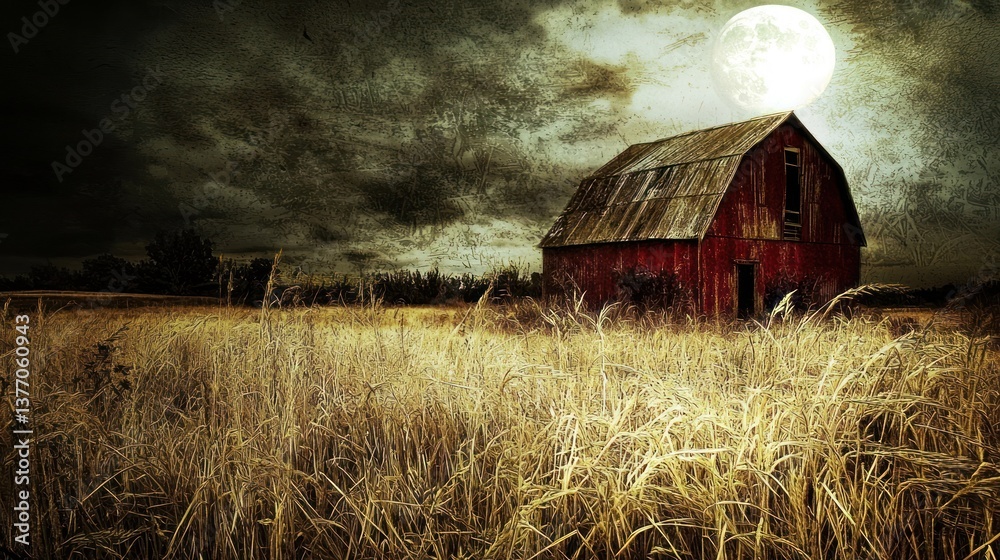 Obraz premium Lonely Red Barn Under a Full Moon