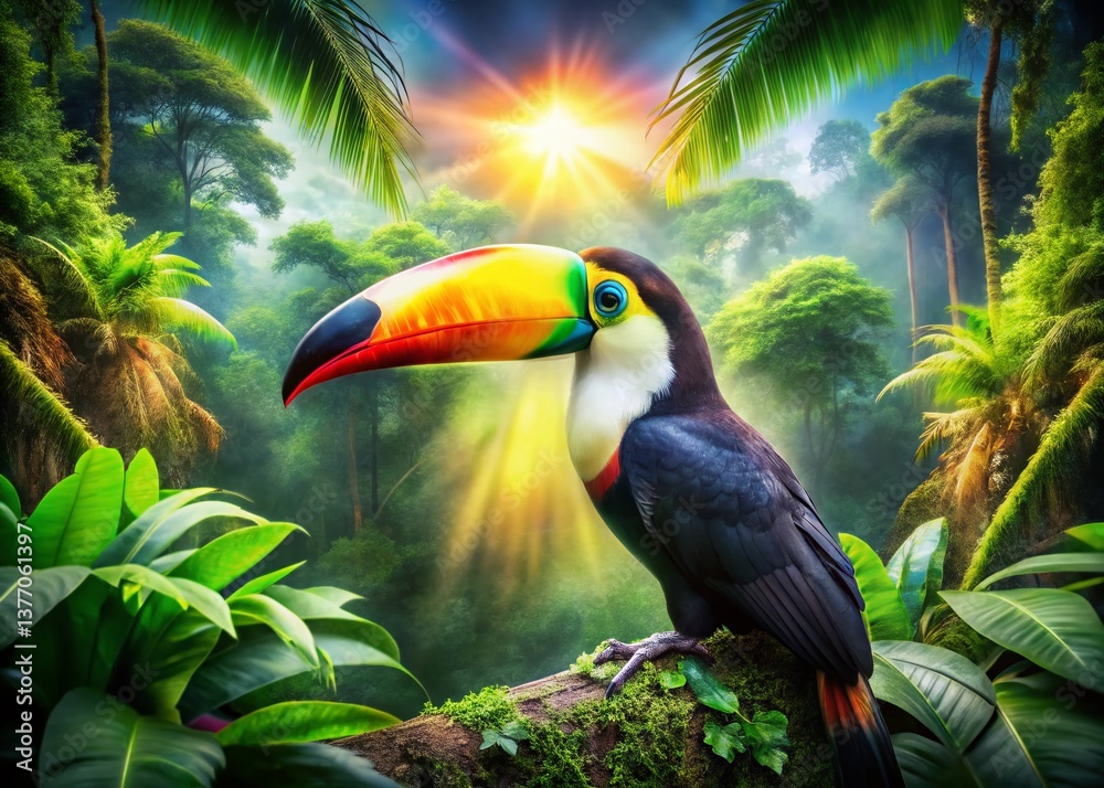 Fototapeta premium Vibrant Double Exposure: Tropical Toucan Bird & Lush Rainforest