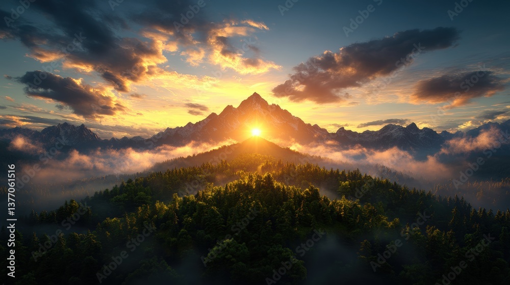 Obraz premium A breathtaking sunset illuminating a majestic mountain peak above a serene sea of clouds and lush green forest creating an awe-inspi landscape view
