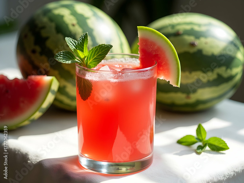 A Refreshing and Invigorating Watermelon Juice, Homemade goodness in a glass, garnished beautifully with fresh mint and a slice of ripe watermelon delight