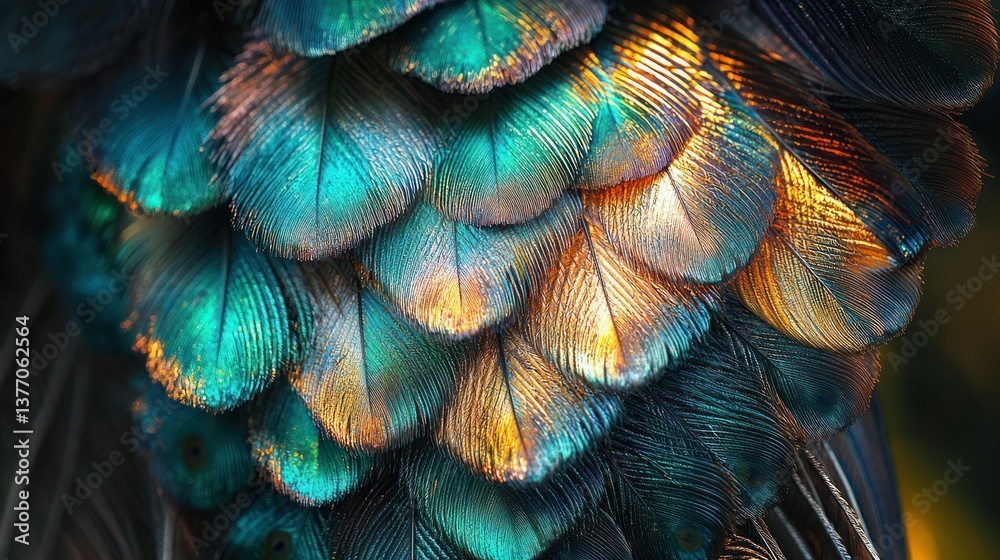 Obraz premium Detailed close-up of iridescent bird feathers, vibrant teal and gold. Background is dark, suggesting a natural habitat. Use Nature backdrop, textures, design inspiration