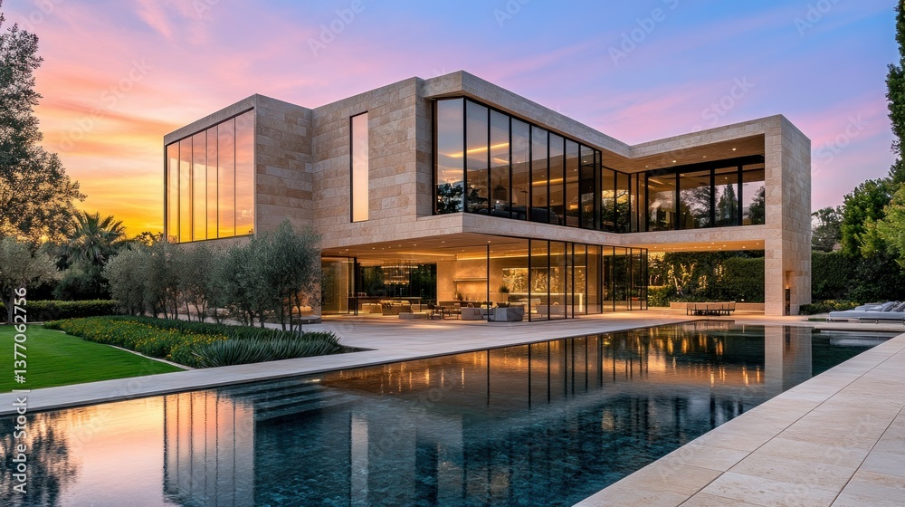 Obraz premium Modern Mansion Pool Sunset California Luxury Estate