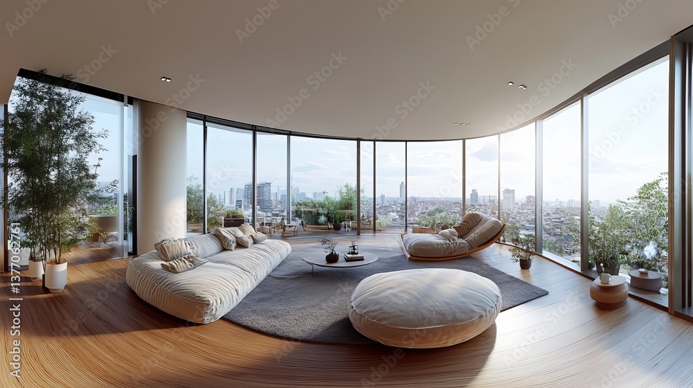 Fototapeta premium Modern Luxury Apartment Panoramic City View Spacious Living Room Beige Sofa Wooden Floor Large Windows Natural Light Minimalist Design Comfortable Furniture Elegant Interior Architecture Contemporary 