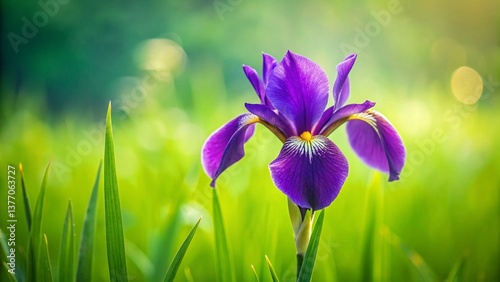 Vibrant Purple Iris Blooming in Lush Green Grass - Spring Garden Flower