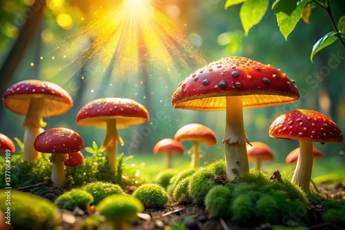 Vibrant Red and Yellow Mushrooms in Lush Green Grass, Close-Up Stock Photo