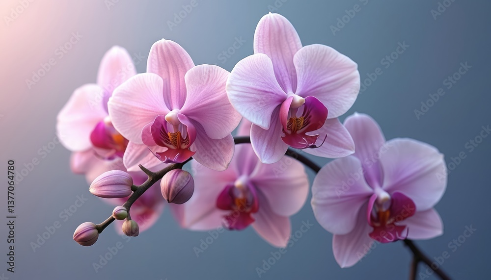 Obraz premium Lovely 3D orchid with subtle gradient. Pink, purple blooms, phalaenopsis flowers. Floral blossom isolated on blue background. Nature beauty, spring, botany decoration, macro shot.