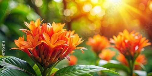 Vibrant Tropical Orange Flowers with Bokeh Background - Stock Photo