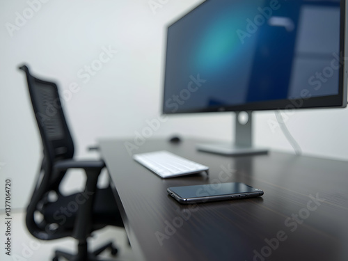 Wallpaper Mural A Sleek Silver-Framed Hi-Tech Smartphone with a Bright Screen Displayed on a Modern Desk Setup, Alongside a Keyboard and Large Monitor, Representing Digital Lifestyle Torontodigital.ca