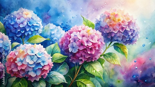 Vibrant Watercolor Hydrangea Paintings, Rule of Thirds Composition, Stock Photo