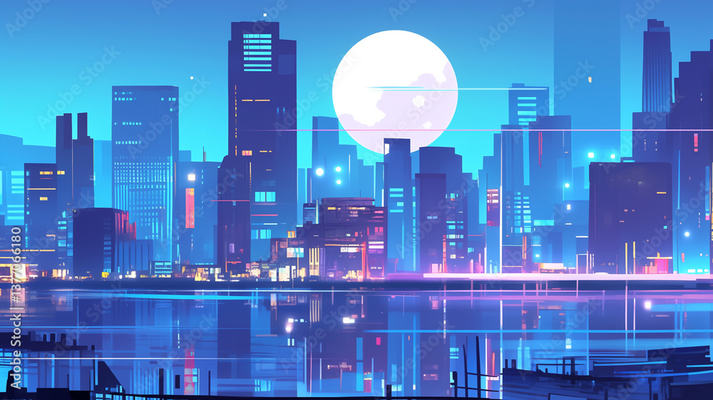 Fototapeta premium 満月とネオンが彩る都市夜景の美麗イラスト|レトロアニメ調の高層ビル群と密集した市街地を描いた幻想的な風景|シティポップ・昭和アニメ・背景素材に最適な作品