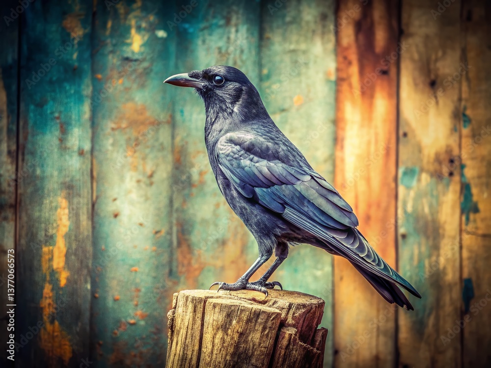 Fototapeta premium Vintage Crow: Black Bird on Weathered Wood, Documentary Style Photo