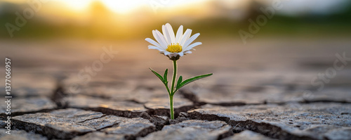 resilient flower blooms in cracked earth, symbolizing hope and perseverance