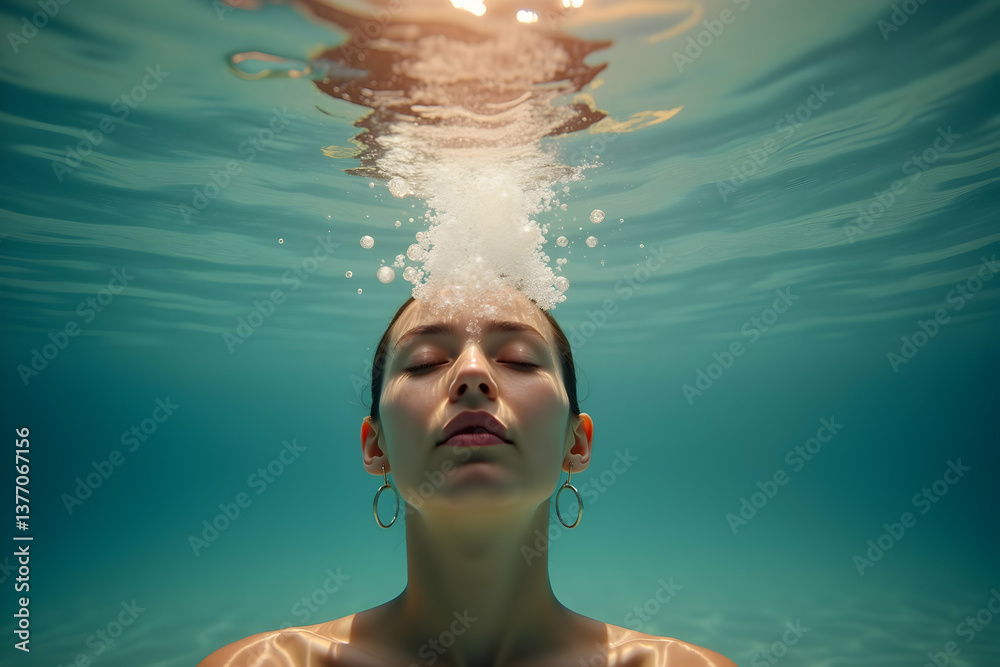 A Tranquil Underwater Moment, Serene Swimmer with Eyes Closed, Bathed in Sunlight and Surrounded by Bubbles, Embracing Peace and Relaxation