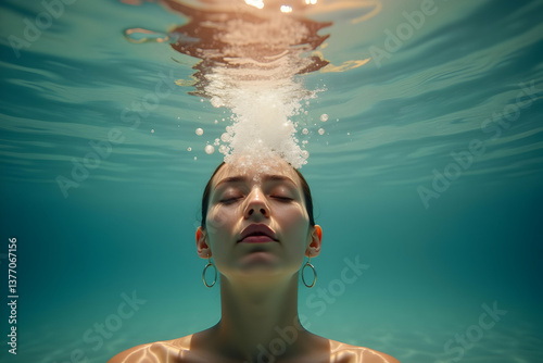 Obraz na płótnie A Tranquil Underwater Moment, Serene Swimmer with Eyes Closed, Bathed in Sunlight and Surrounded by Bubbles, Embracing Peace and Relaxation w salonie