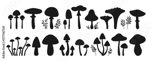 Mushrooms hand drawn silhouette set. Poisonous and edible various figure shape mushrooms vector isolated Illustration. Boletus chanterelle, porcini Amanita Muscaria, Fly agaric toadstool mushrooms art