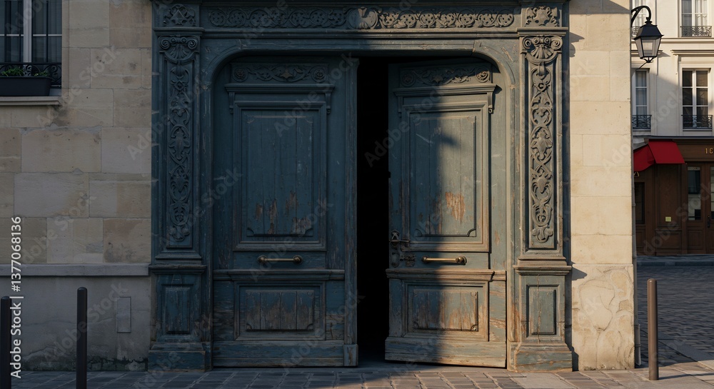 Aged door mysteriously ajar casts shadows soft morning light. AI Generated Aged door mysteriously ajar casts shadows soft morning light. AI Generated