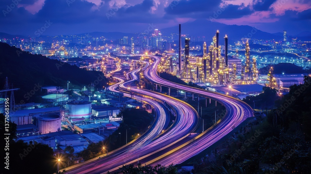 Fototapeta premium Night Lights of Industrial Cityscape: A Symphony of Lights and Motion