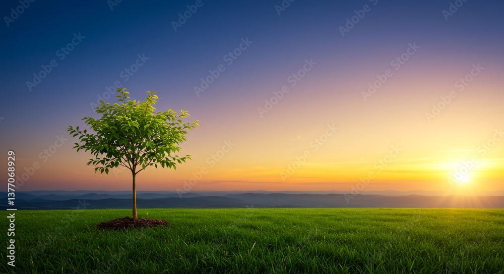 Obraz premium Sunrise illuminates lone sapling field. AI Generated