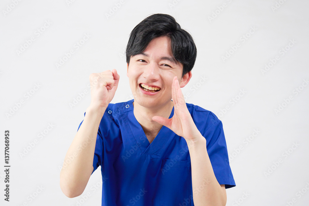 医者・看護師・歯科医師・介護士 男性 応援 白背景 医者・看護師・歯科医師・介護士 男性 応援 白背景