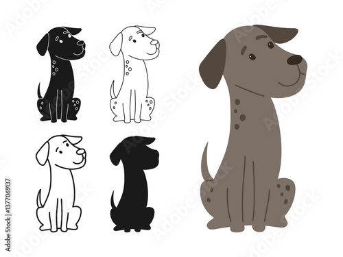 Dog illustration set. Vector illustration of a cartoon dog color, silhouette, outline, black and white and minimal line art. Friendly pet simple design. Sign adorable domestic pedigree animal vector