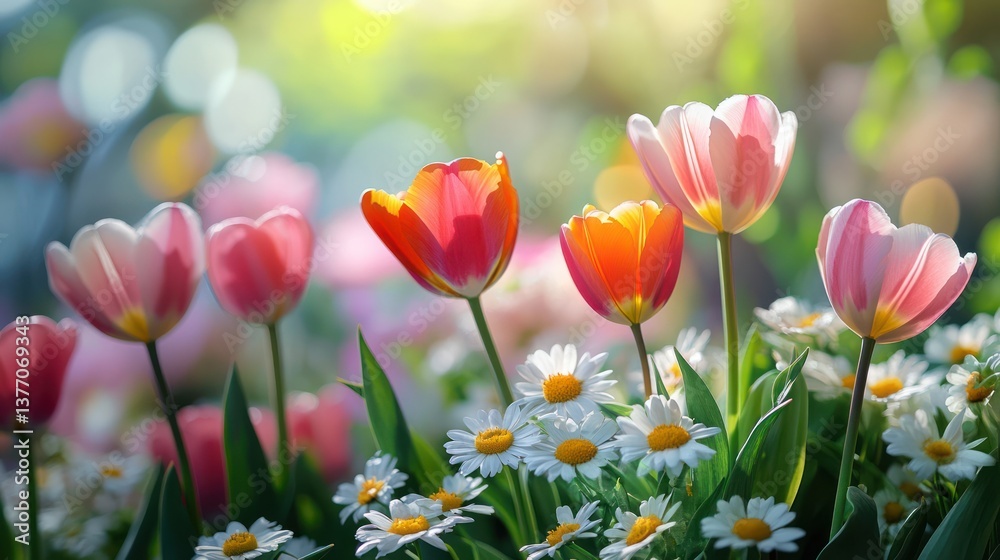 Sunlit tulips, daisies, garden, spring, bokeh background, floral design Sunlit tulips, daisies, garden, spring, bokeh background, floral design
