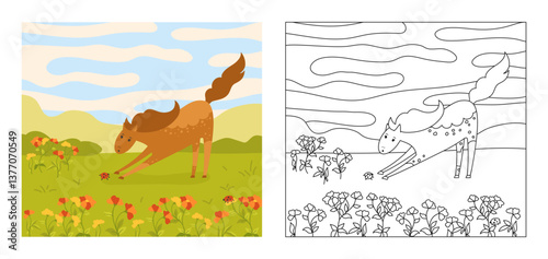 Horse with beetle on summer meadow coloring book for kids cartoon vector illustration. Comic playful mare horse purebred stallion. Funny flat character animal. Drawing design perfect for children