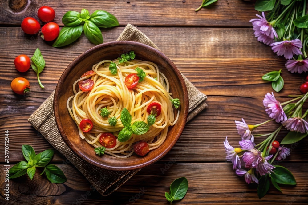 custom made wallpaper toronto digitalAromatic pasta dish with fresh herbs and cherry tomatoes, served in a rustic wooden bowl, garnished with vibrant blossoms on a wooden table