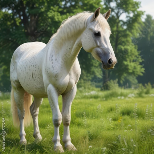 Beautiful white horse with intricate markings on its coat, standing proudly in a lush green meadow,  outdoors, white horse,  landscape