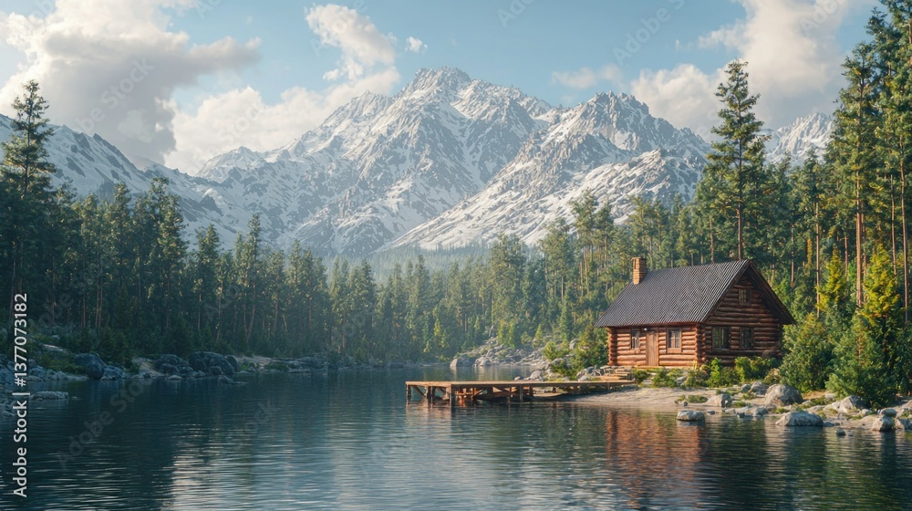 Fototapeta premium Lakeside Cabin, Snowy Mountains, Peaceful Scene