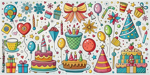 Whimsical Doodle Birthday Party & Holiday Greeting Card Design Elements