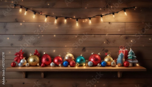 Christmas lights and ornaments on a wooden shelf,  ornaments, Christmas,  shelf