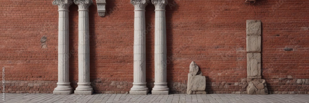 Obraz premium Classic red brick wall with ornate details and stone columns, vintage, columns, classic