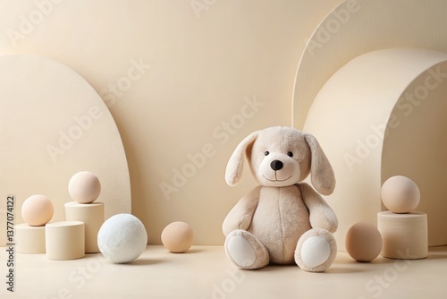 A plush canine toy sits serenely amidst minimalist beige spherical and cylindrical forms, creating a calming and aesthetically pleasing scene.